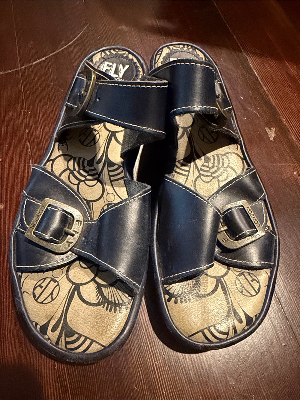 Fly London Navy Leather Buckle Sandals, Sz 39